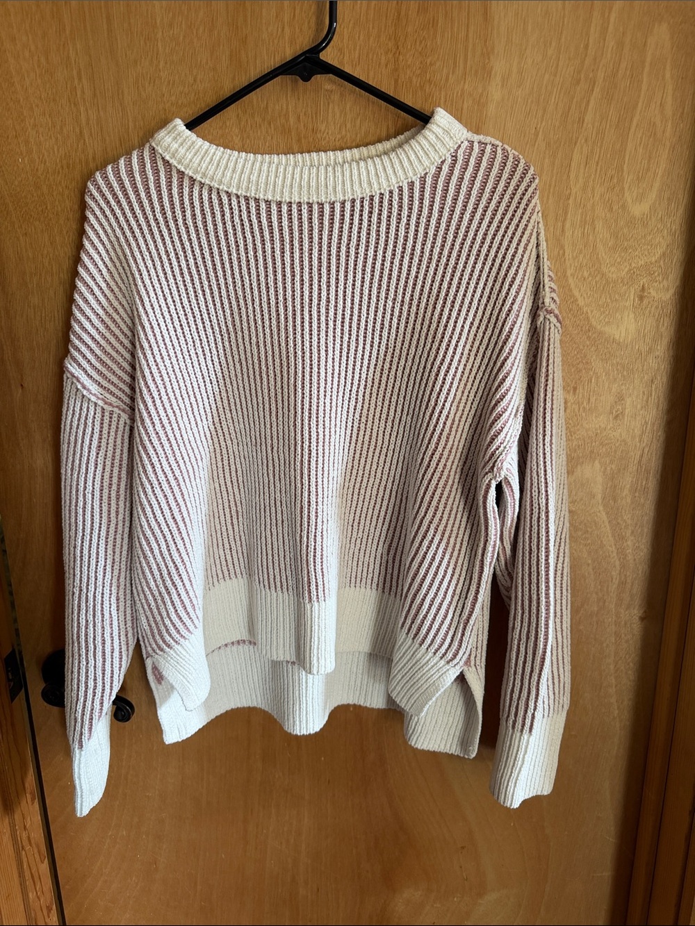 Cream and Dusty Pink Striped Crewneck Sweater